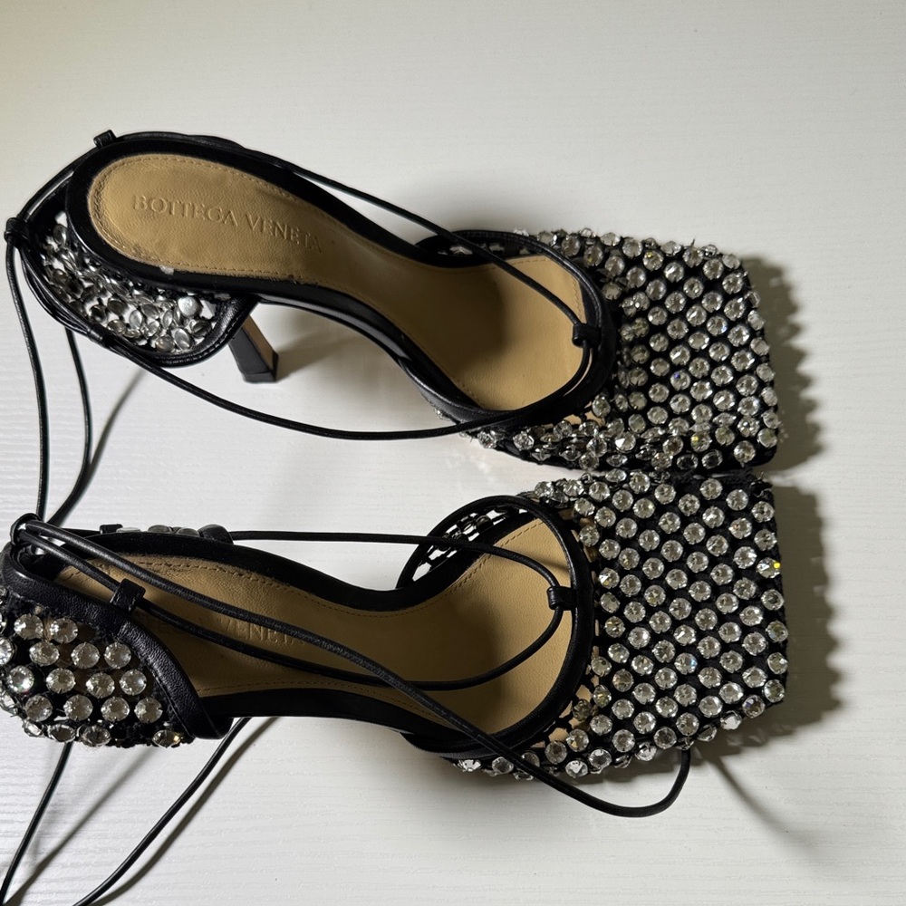 Bottega Veneta Black Crystal-Embellished Lace-Up Heels